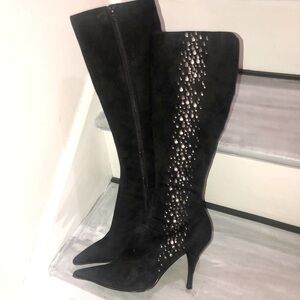 Alfani black suede high heeled tall boots with gold studs size 8